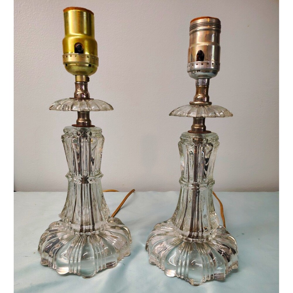 Pair Clear Glass Table Boudoir Lamps w/ Metal Sockets, Corded Wall Plug In